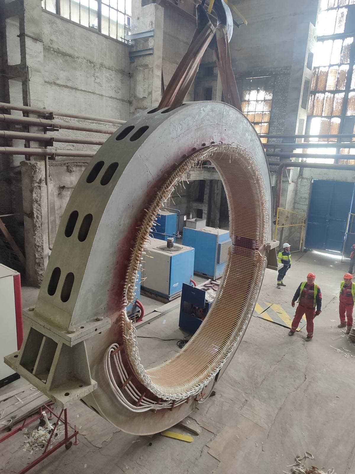 Overhauled stator being installed on its baseplate