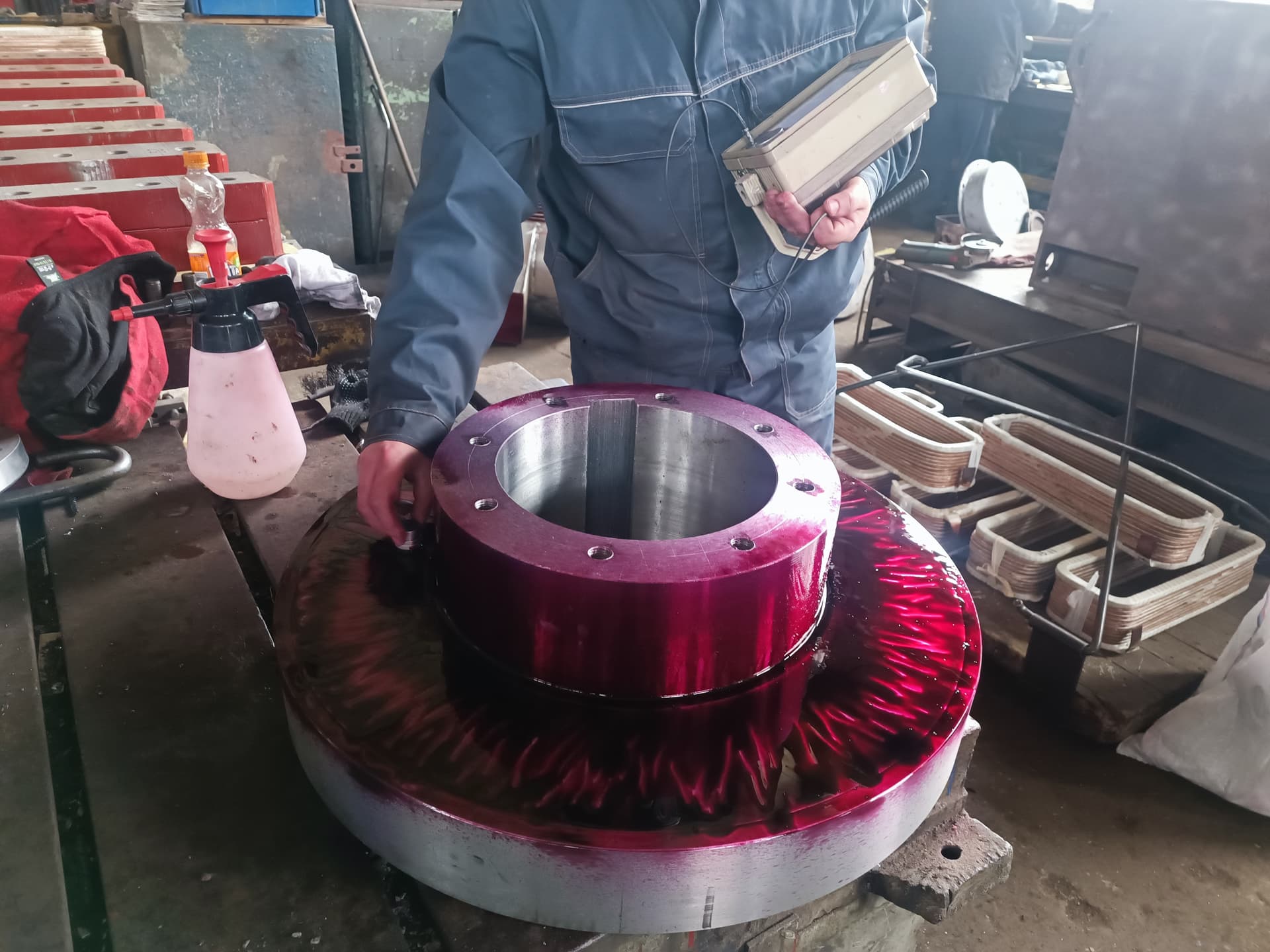 Dye-penetrant inspection of a large machine component seating surface